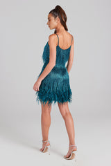 TASSEL FEATHER MINI DRESS IN EMERALD