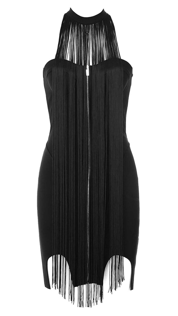 AIIZIE TASSEL HALTER BANDAGE MIDI DRESS IN BALCK - product image