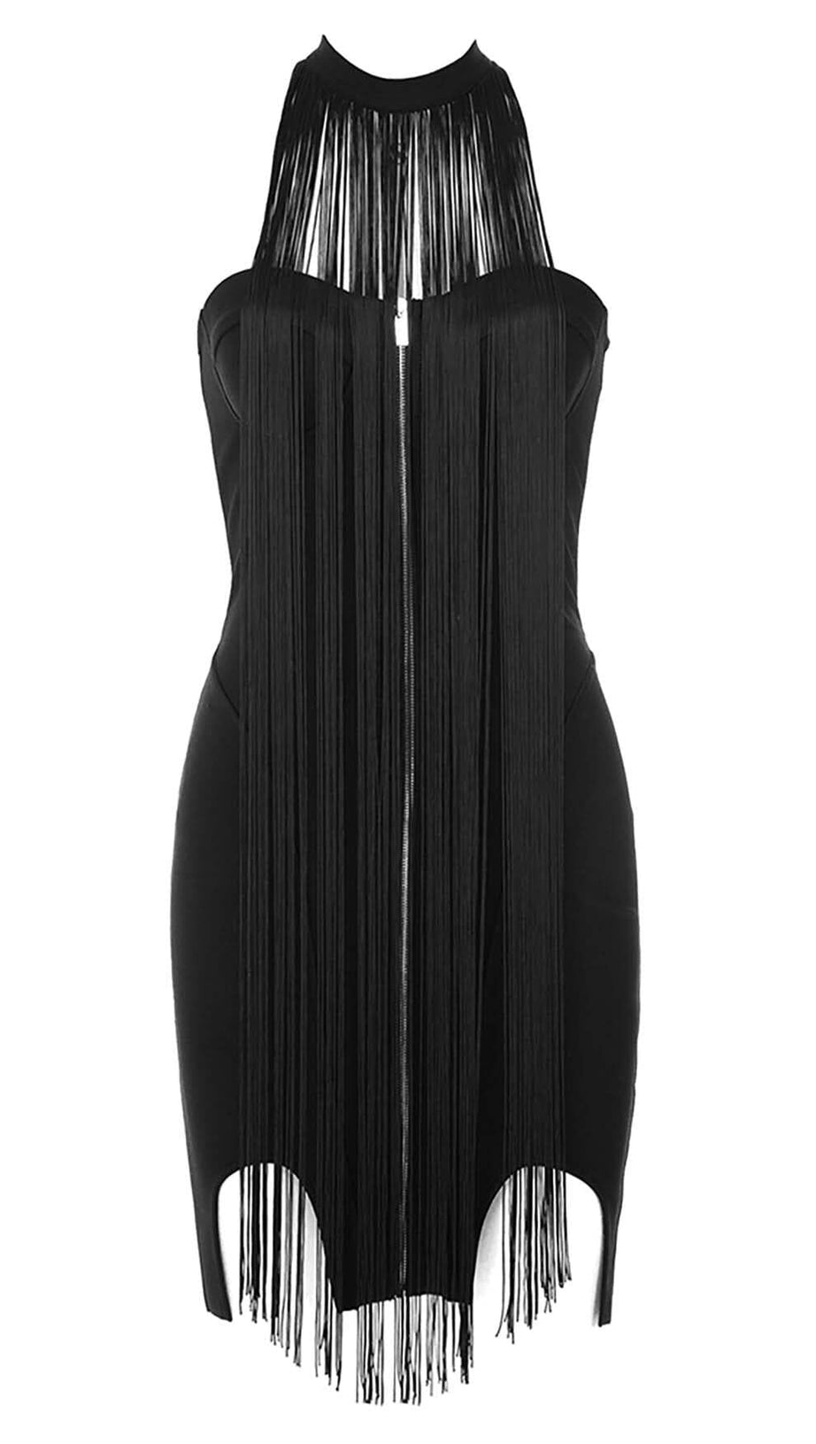 TASSEL HALTER BANDAGE MIDI DRESS IN BALCK