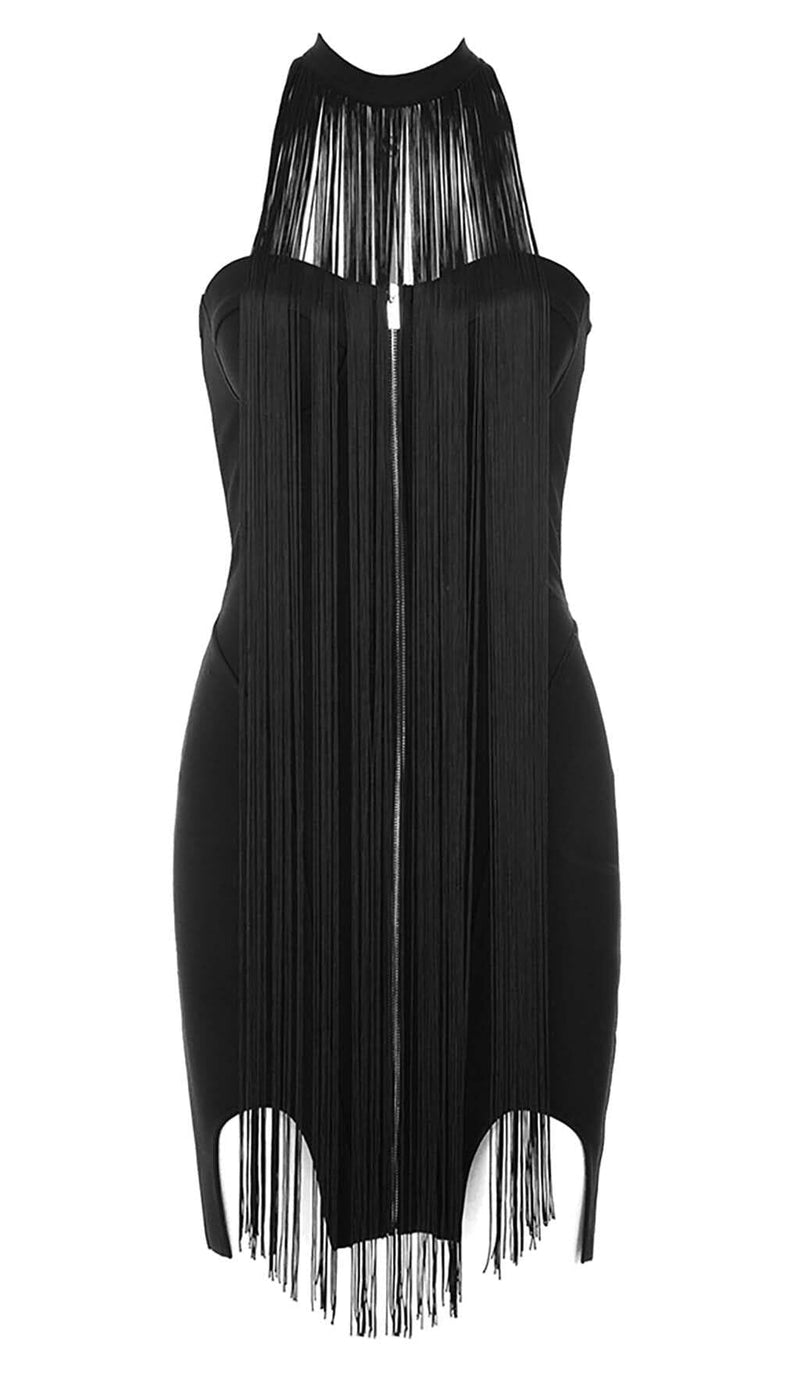 TASSEL HALTER BANDAGE MIDI DRESS IN BALCK