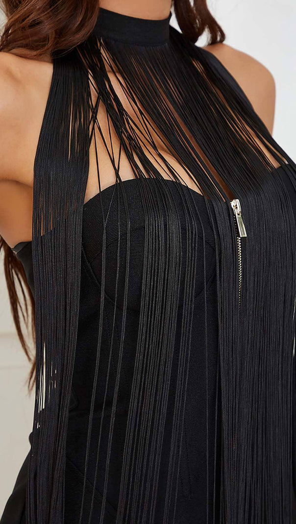 AIIZIE TASSEL HALTER BANDAGE MIDI DRESS IN BALCK - product image