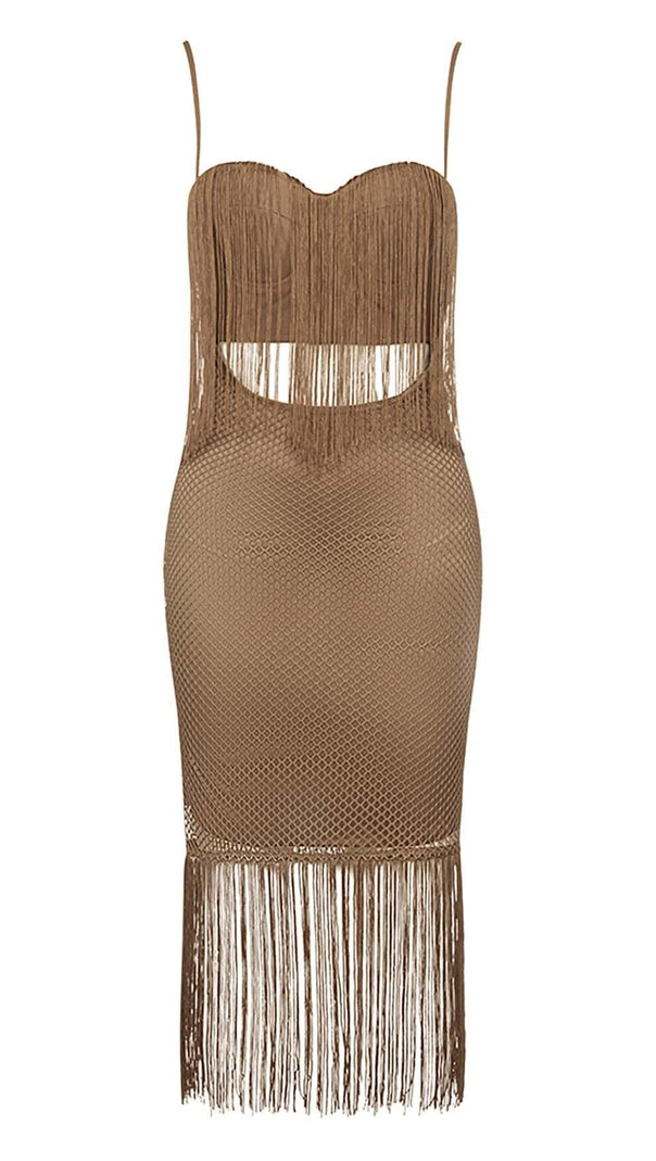 AIIZIE TASSEL MESH MIDI DRESS IN BROWN - product image