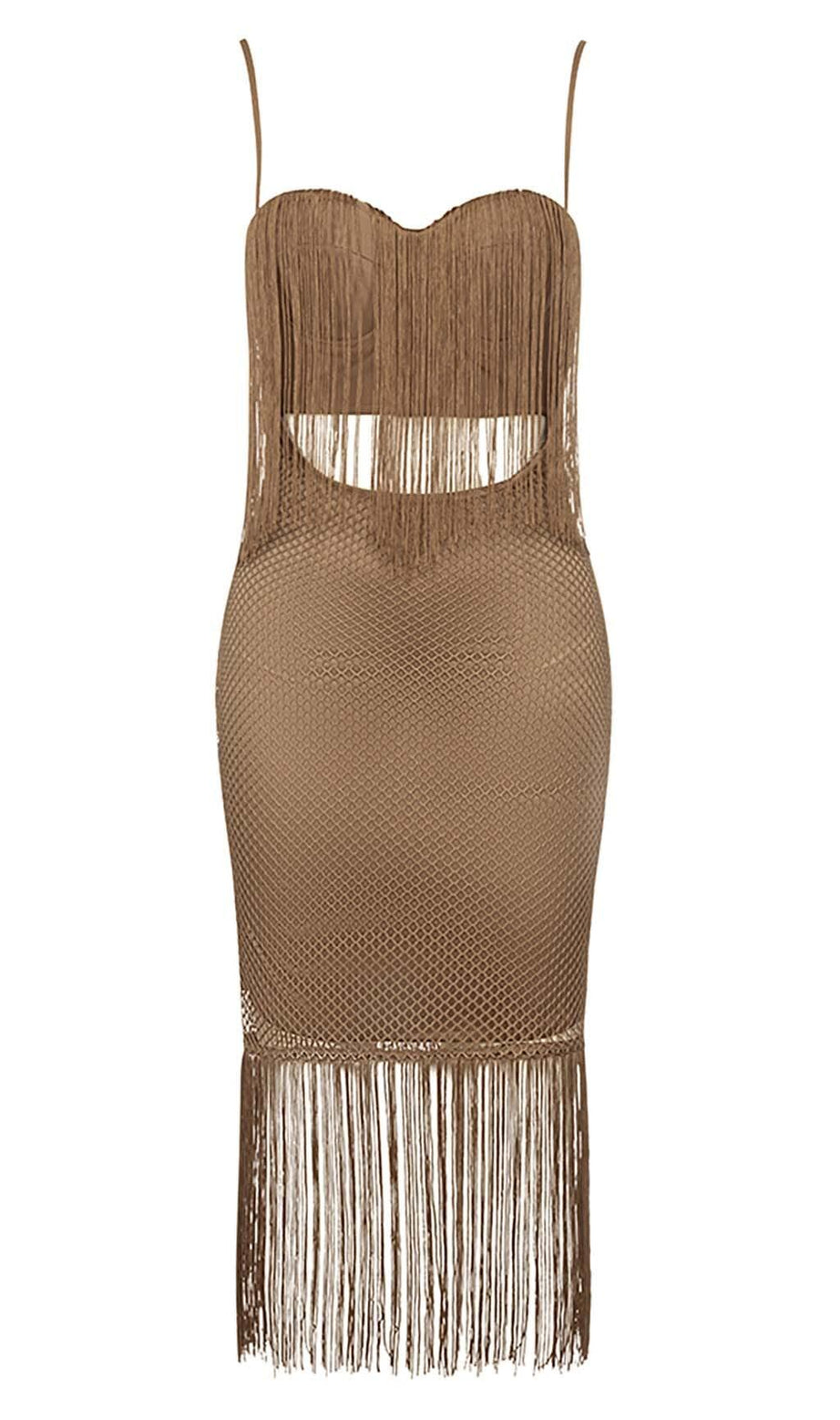 TASSEL MESH MIDI DRESS IN BROWN