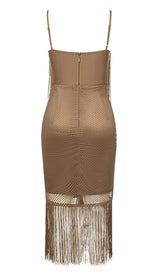 TASSEL MESH MIDI DRESS IN BROWN