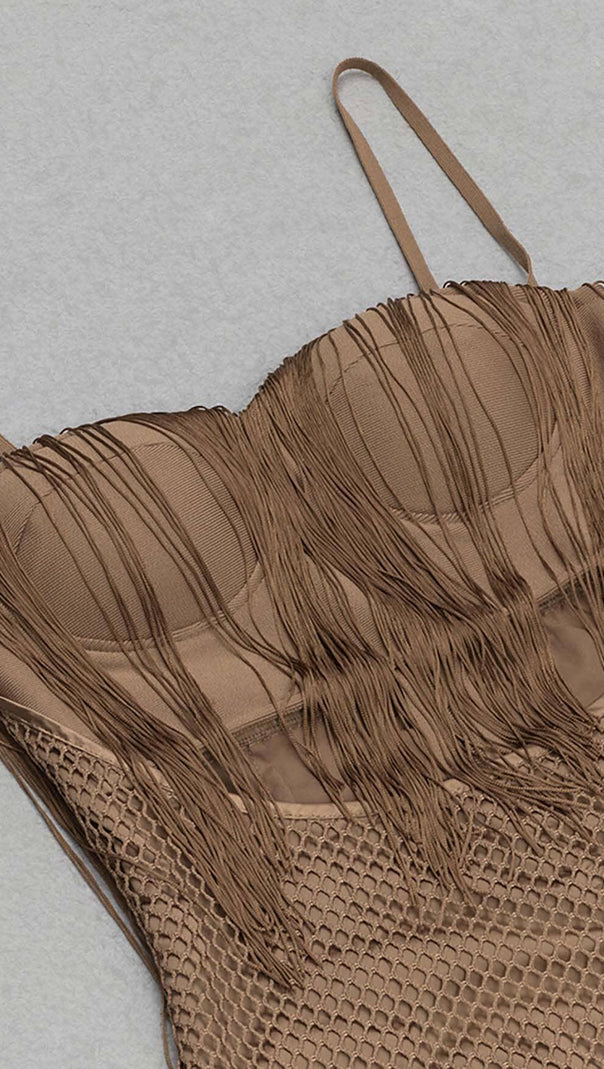 AIIZIE TASSEL MESH MIDI DRESS IN BROWN - product image