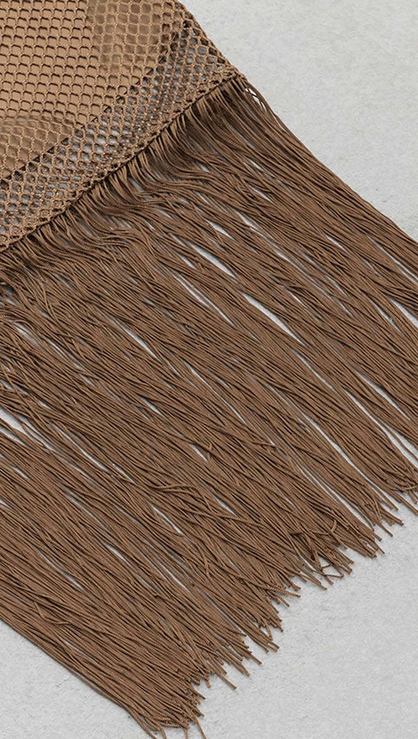 AIIZIE TASSEL MESH MIDI DRESS IN BROWN - product image