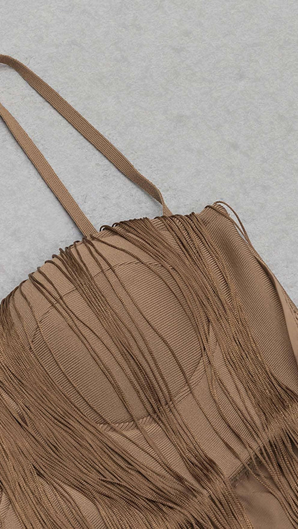 AIIZIE TASSEL MESH MIDI DRESS IN BROWN - product image