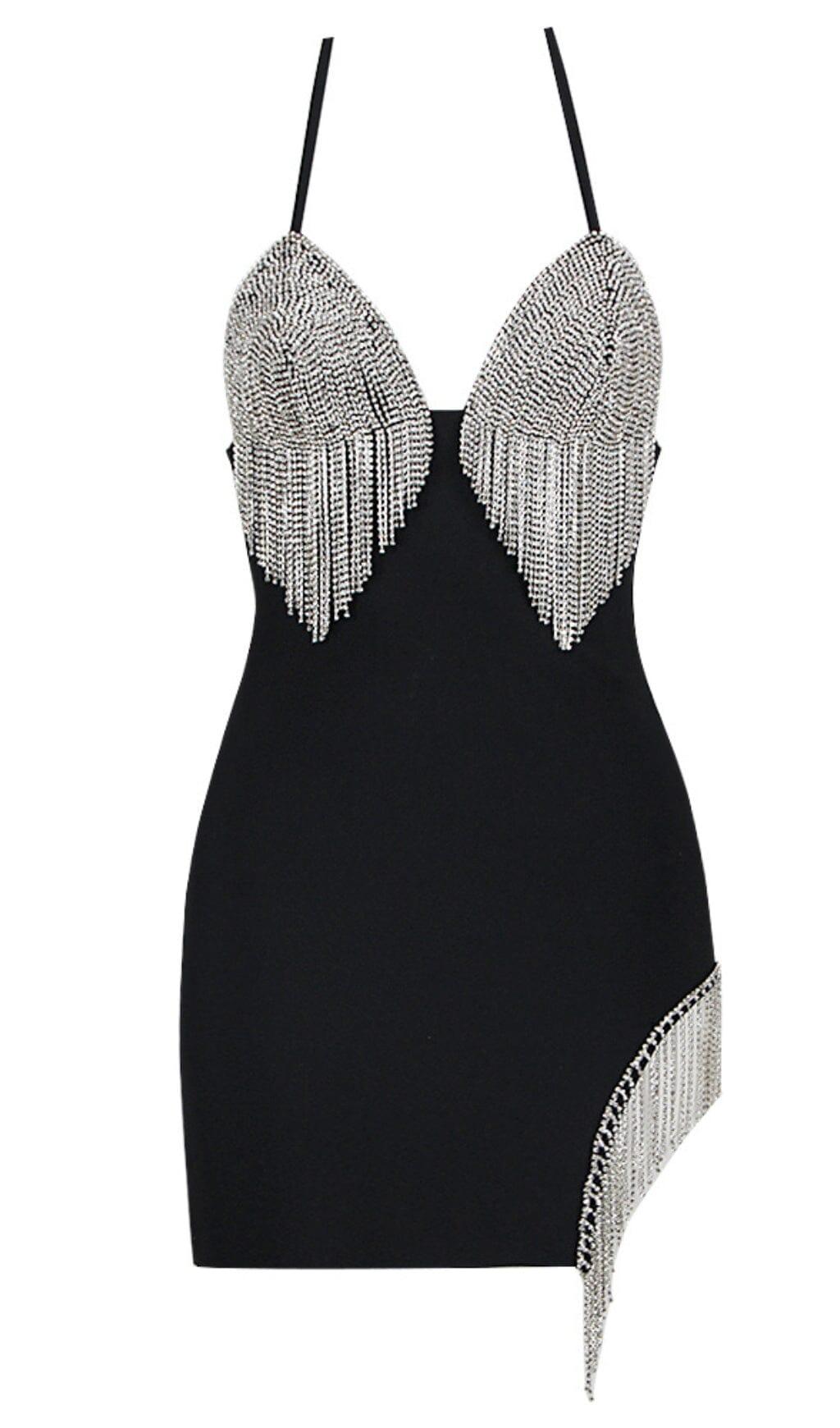 MINIKLEID MIT QUASTEN-AUSSCHNITT IN SCHWARZ