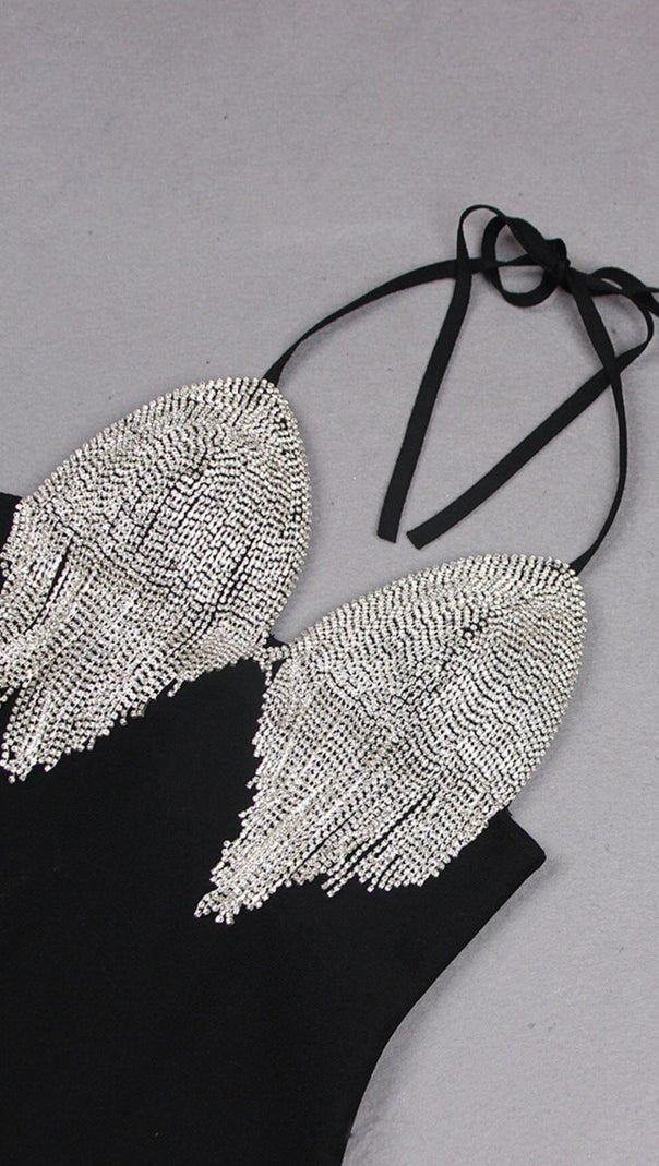 AIIZIE TASSEL PLUNGE MINI DRESS IN BLACK - product image