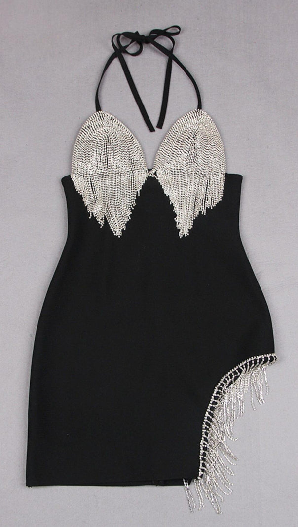 AIIZIE TASSEL PLUNGE MINI DRESS IN BLACK - product image