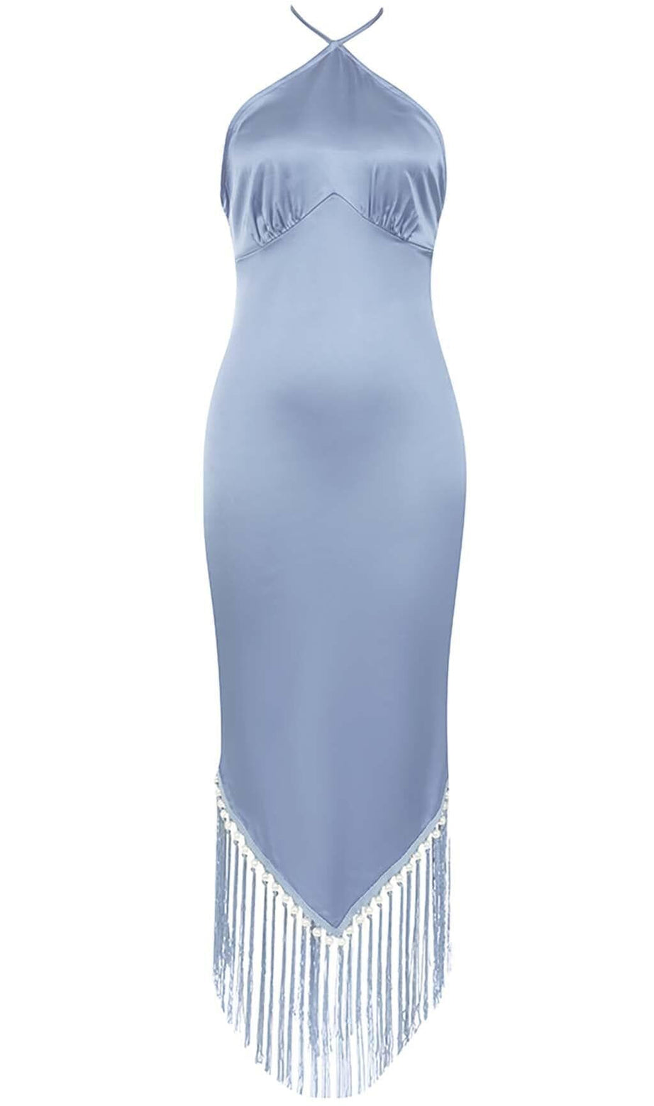 TASSEL SATIN MIDI DRESS IN BLUE