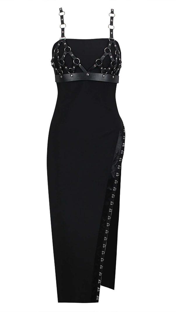 AIIZIE THIGH SLIT BANDAGE MIDI DRESS IN BLACK - product image