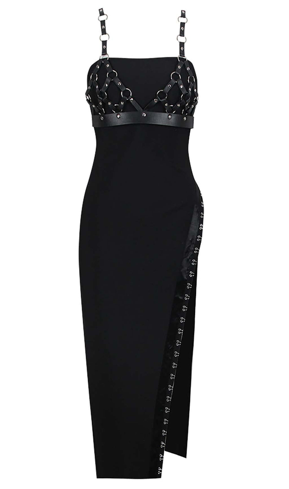 THIGH SLIT BANDAGE MIDI DRESS IN BLACK