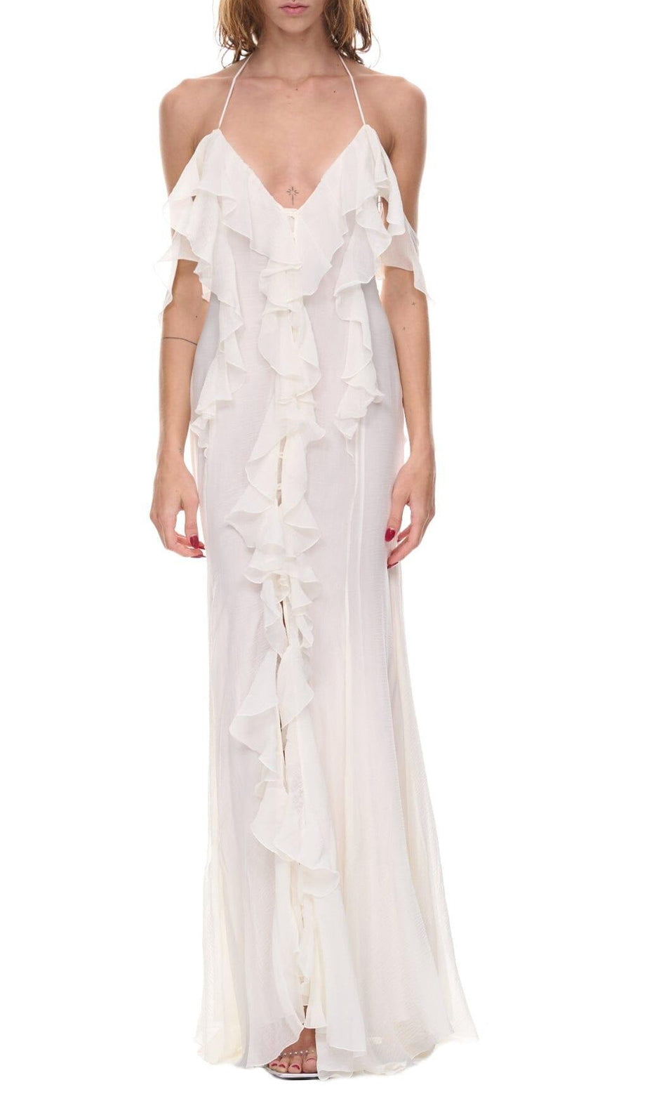 WEISSES MIDIKLEID AUS SPITZE MIT OBERSCHENKELSCHLITZ