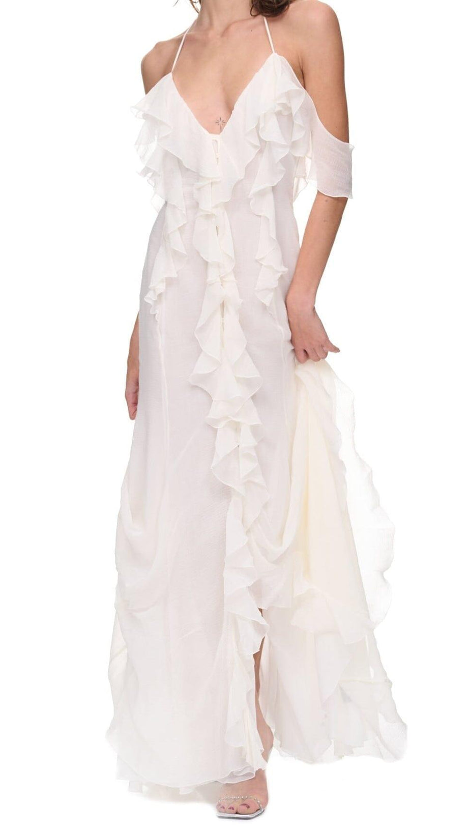 THIGH SLIT LACE MIDI DRESS IN WHITE