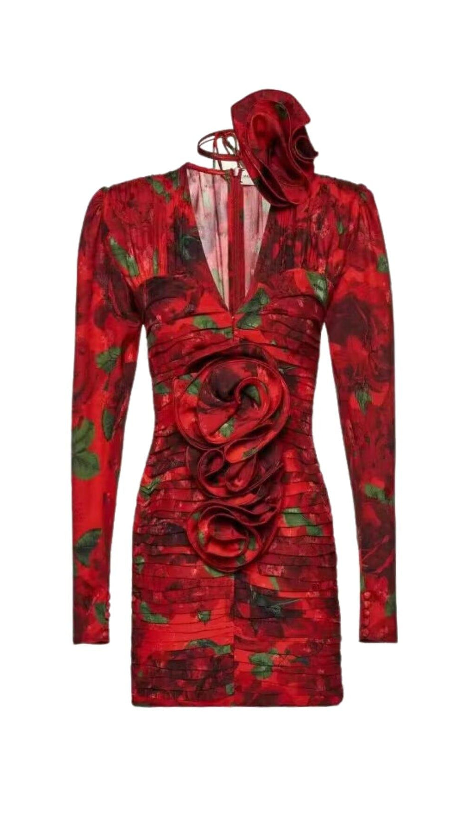 MINIKLEID MIT V-AUSSCHNITT UND ROSENDRUCK