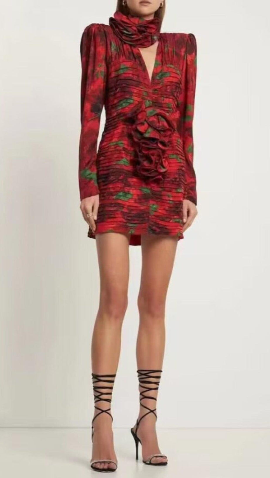 V NECK ROSE PRINTED MINI DRESS