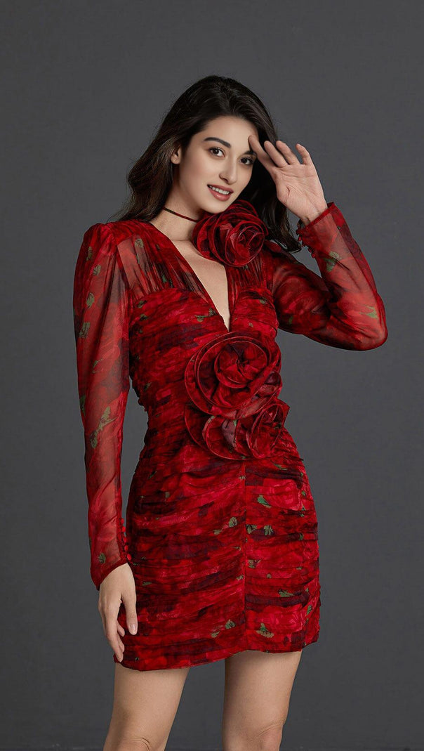 AIIZIE V NECK ROSE PRINTED MINI DRESS - product image