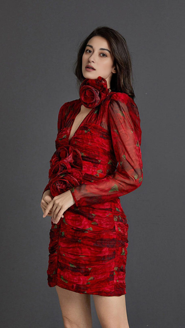 AIIZIE V NECK ROSE PRINTED MINI DRESS - product image