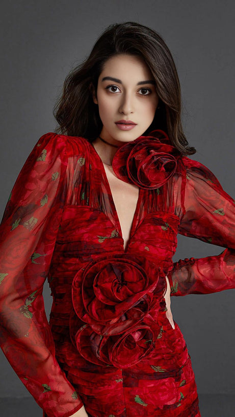 V NECK ROSE PRINTED MINI DRESS