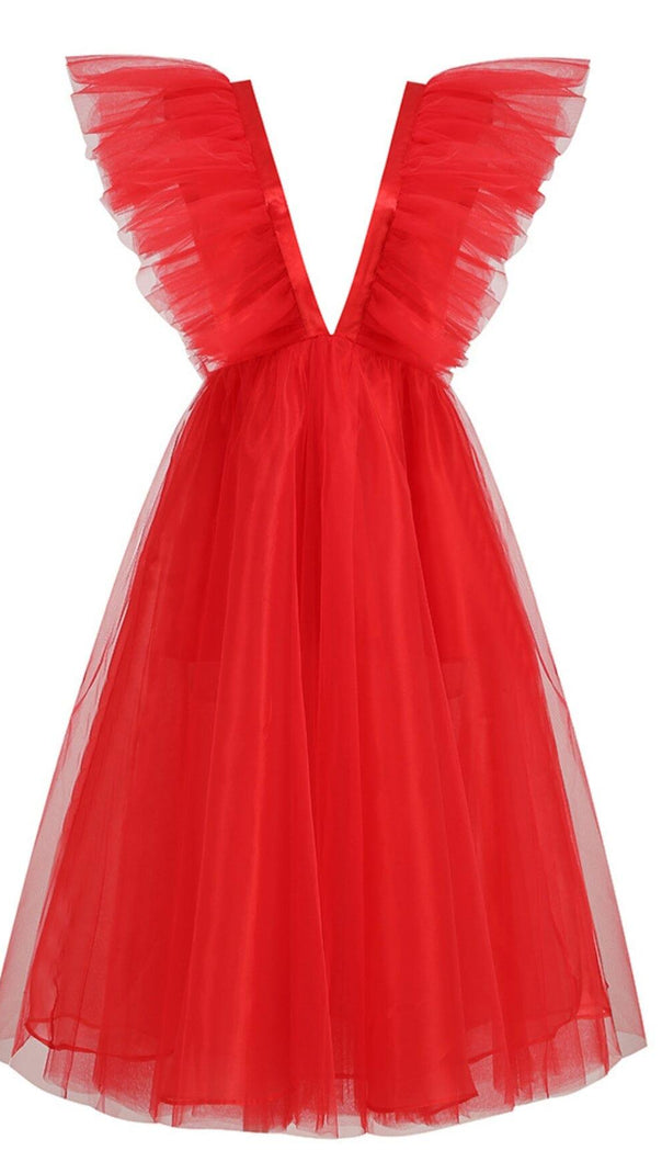 AIIZIE V-NECK NET MIDI DRESS IN MAHOGANY - product image