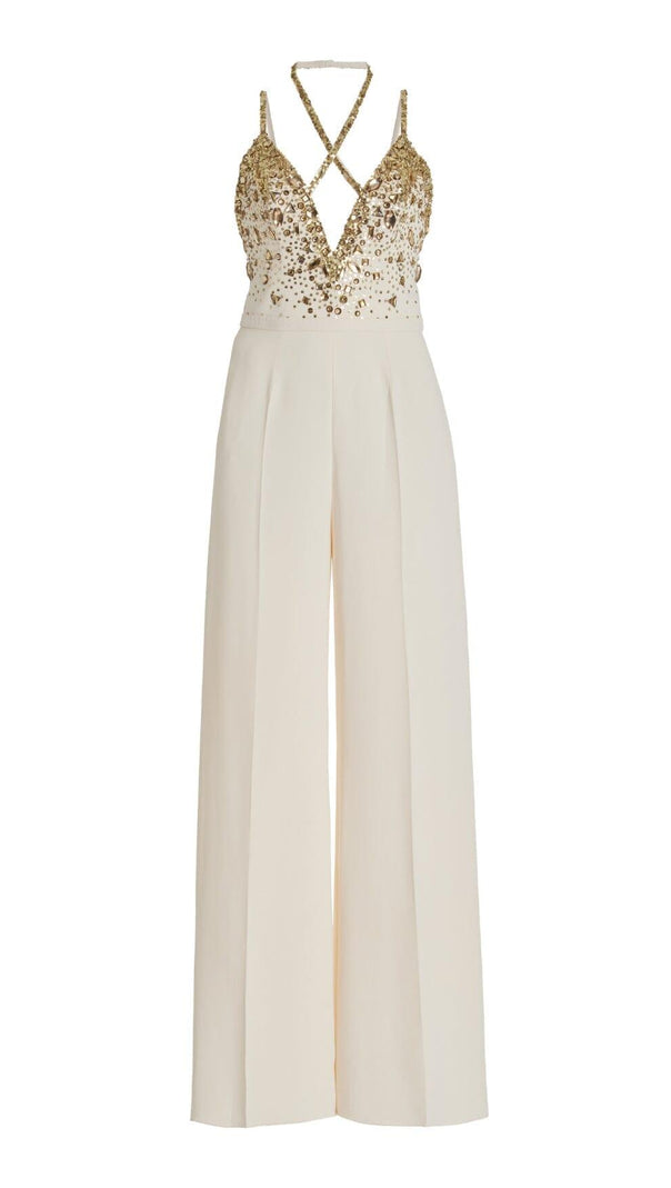 AIIZIE V-NECK SEQUIN HALTER JUMPSUIT IN WHITE - product image