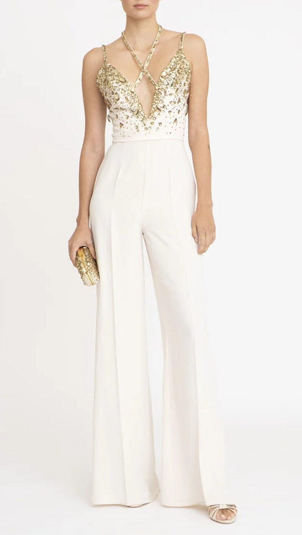 AIIZIE V-NECK SEQUIN HALTER JUMPSUIT IN WHITE - product image