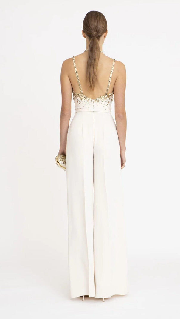 AIIZIE V-NECK SEQUIN HALTER JUMPSUIT IN WHITE - product image