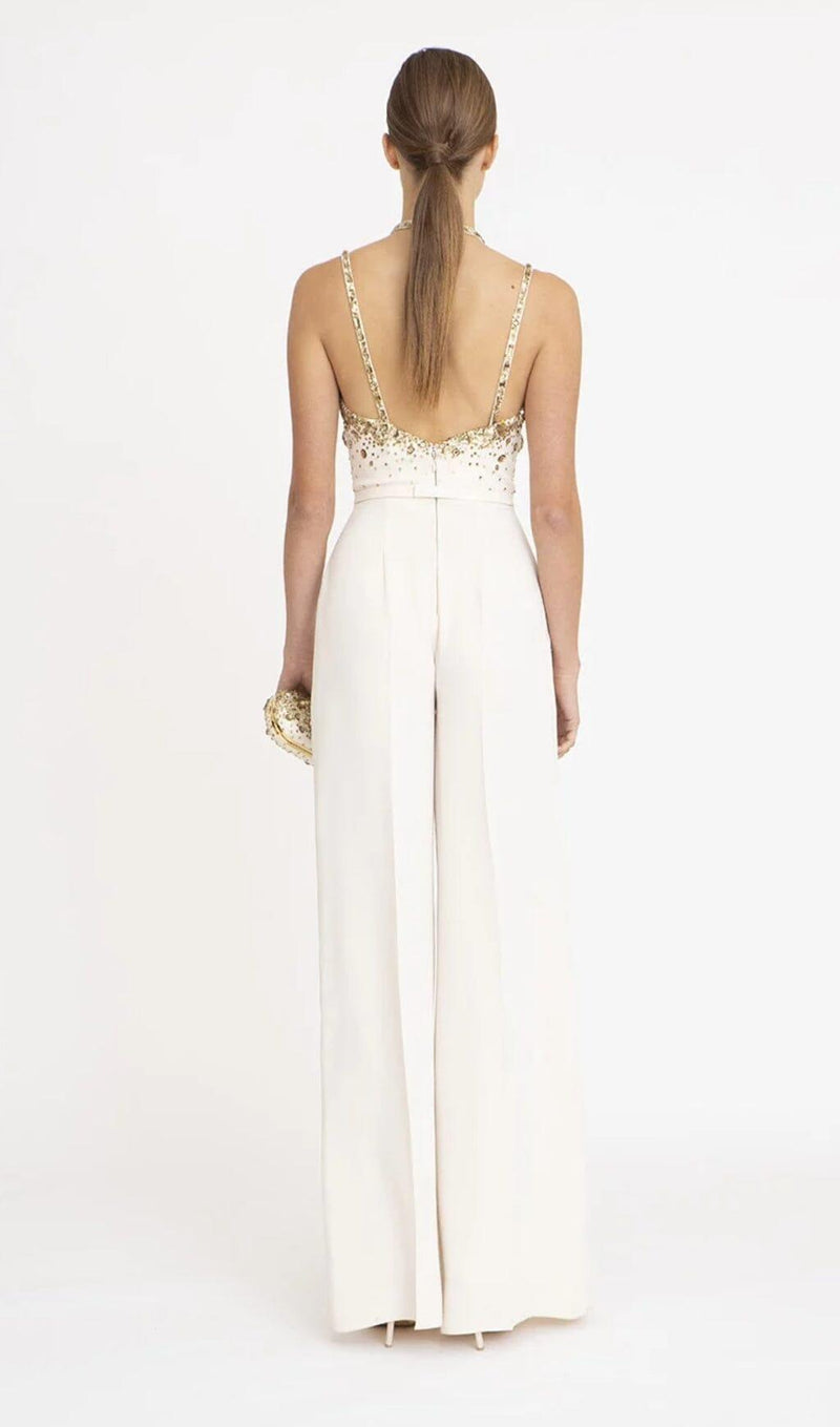 V-NECK SEQUIN HALTER JUMPSUIT IN WHITE