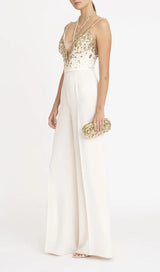 V-NECK SEQUIN HALTER JUMPSUIT IN WHITE