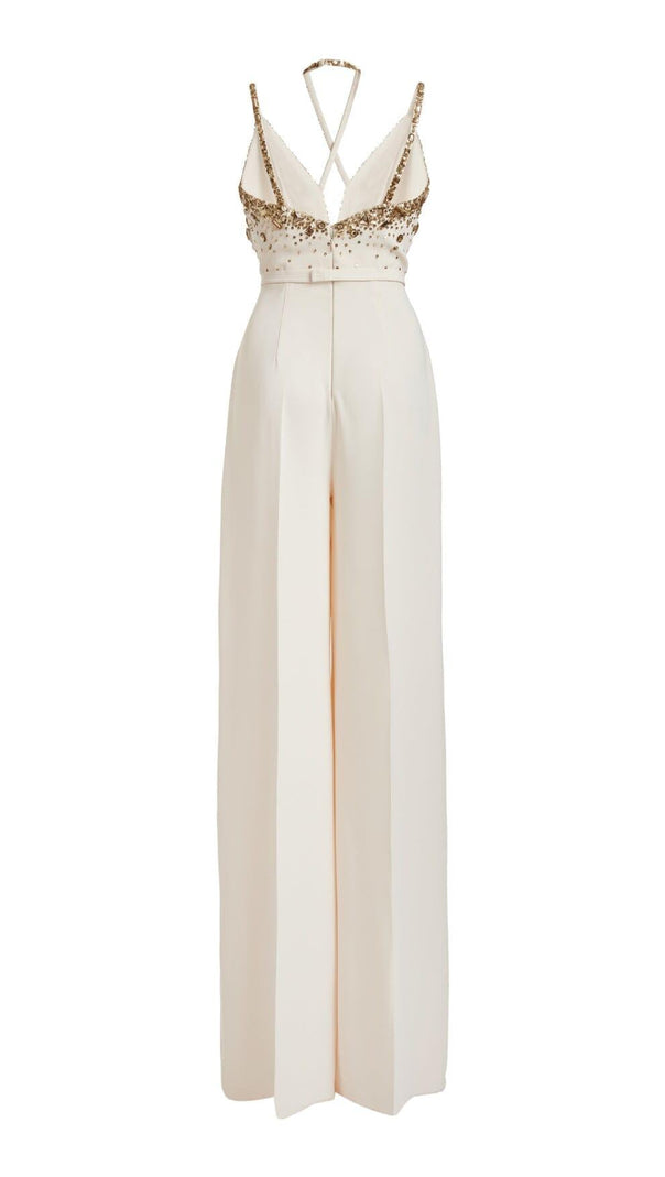 AIIZIE V-NECK SEQUIN HALTER JUMPSUIT IN WHITE - product image