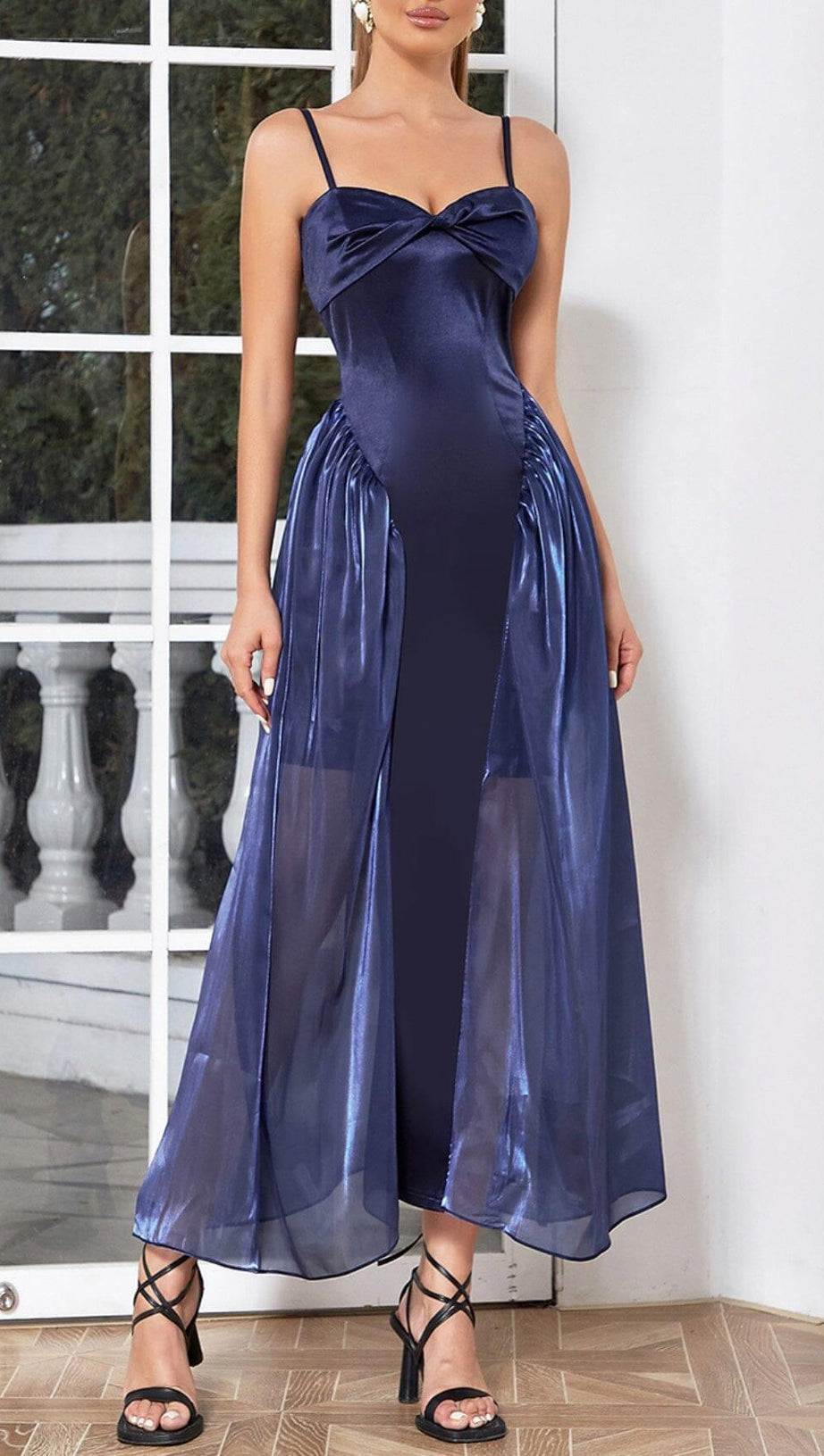 WAIST-TIGHTENING MESH MAXI DRESS IN ROYAL BLUE