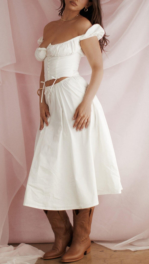 AIIZIE WHITE GATHERED MIDI SET DRESS - product image