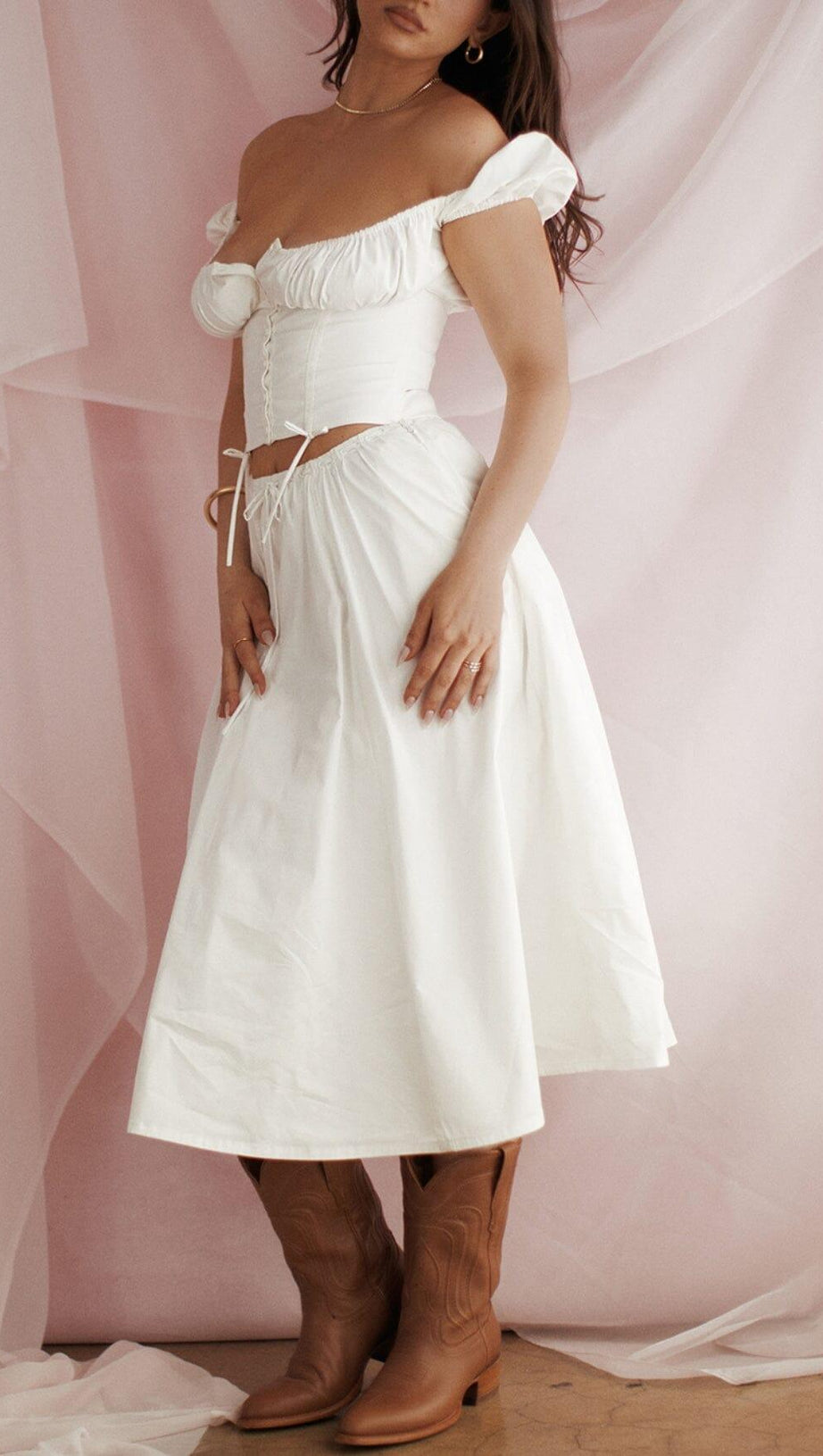 WHITE GATHERED MIDI SET DRESS