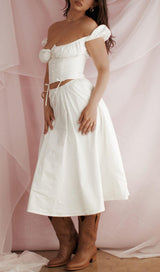 WHITE GATHERED MIDI SET DRESS