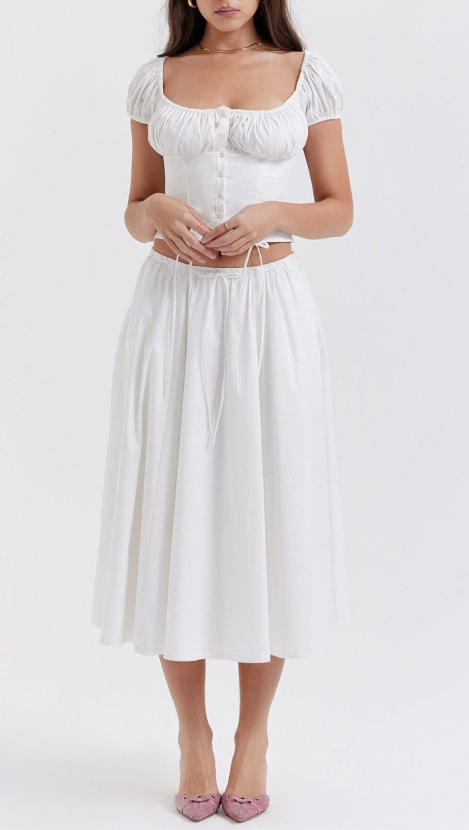 WHITE GATHERED MIDI SET DRESS