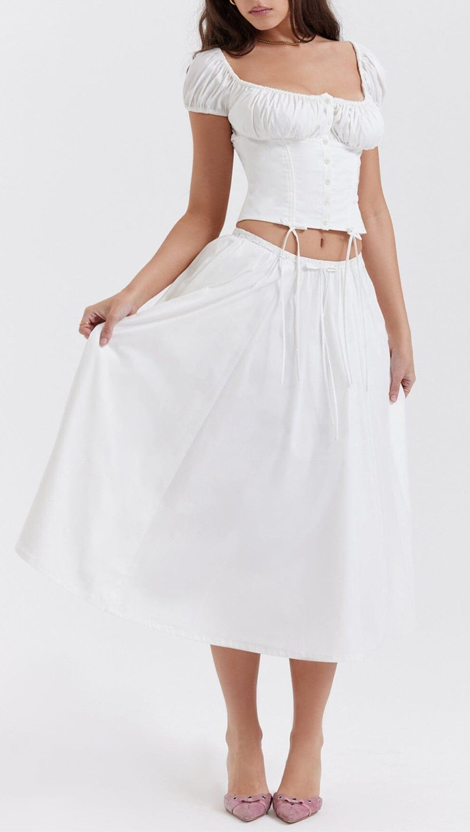 WHITE GATHERED MIDI SET DRESS