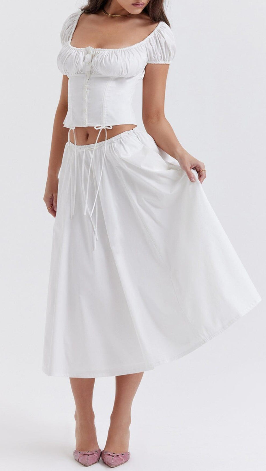 WHITE GATHERED MIDI SET DRESS