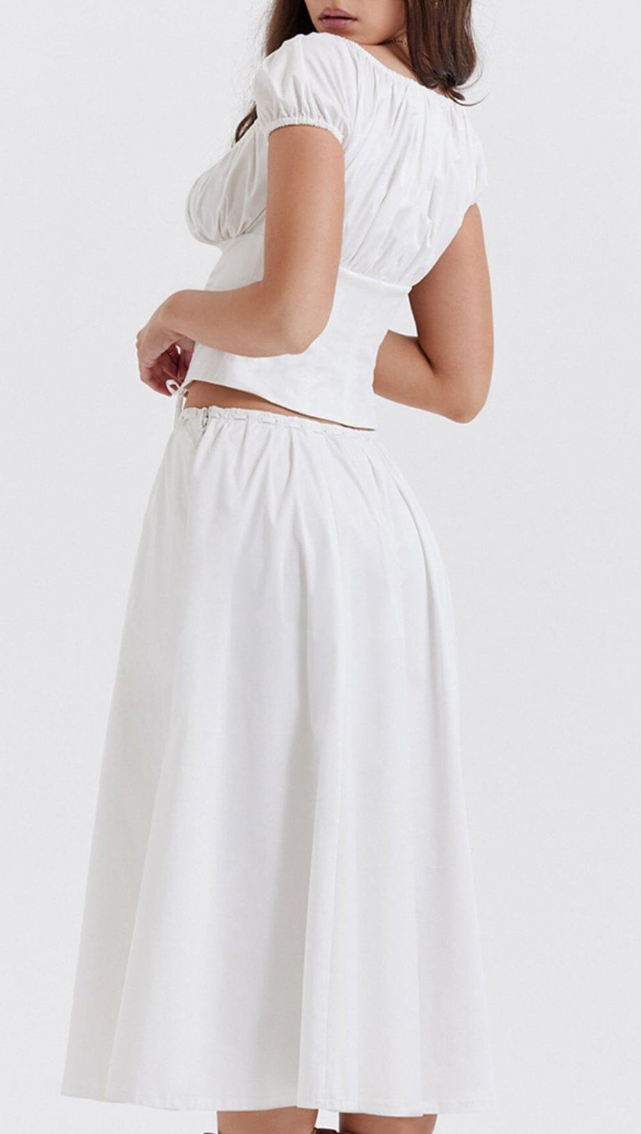 WHITE GATHERED MIDI SET DRESS