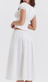 WHITE GATHERED MIDI SET DRESS