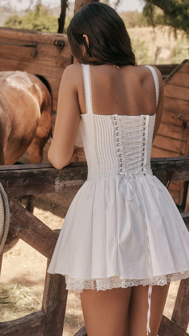 MINI ABITO CON CORSETTO IN PIZZO BIANCO