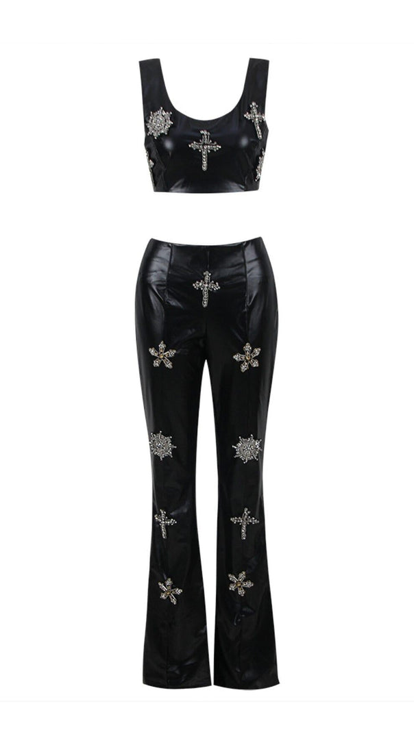 AIIZIE CRYSTAL EMBELLISHMENTS LEATHER TWO PIECE SUIT IN BLACK - product image