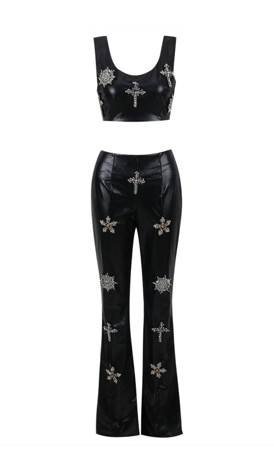 CRYSTAL EMBELLISHMENTS LEATHER TWO PIECE SUIT IN BLACK