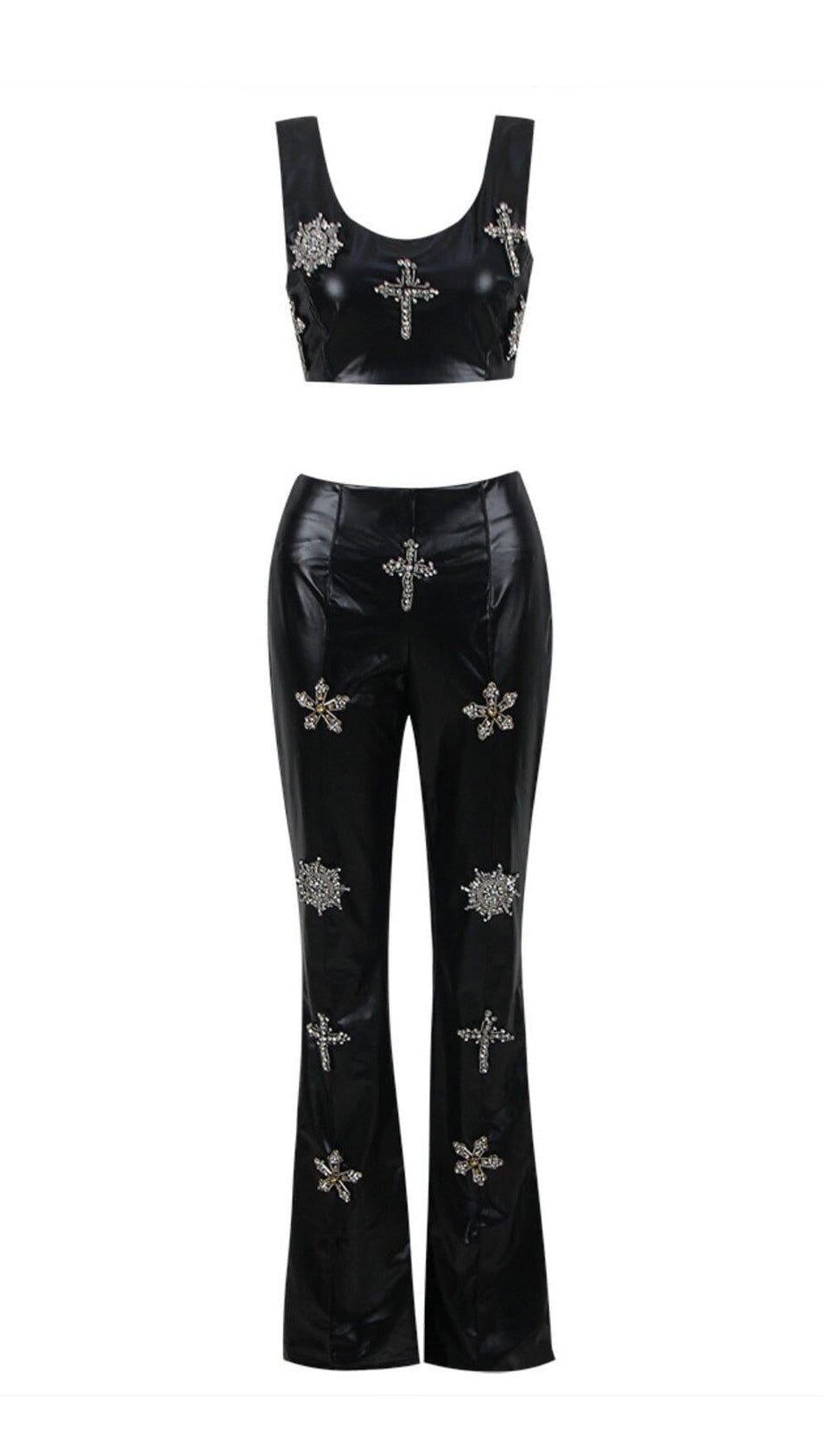 CRYSTAL EMBELLISHMENTS LEATHER TWO PIECE SUIT IN BLACK