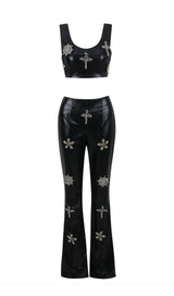 CRYSTAL EMBELLISHMENTS LEATHER TWO PIECE SUIT IN BLACK