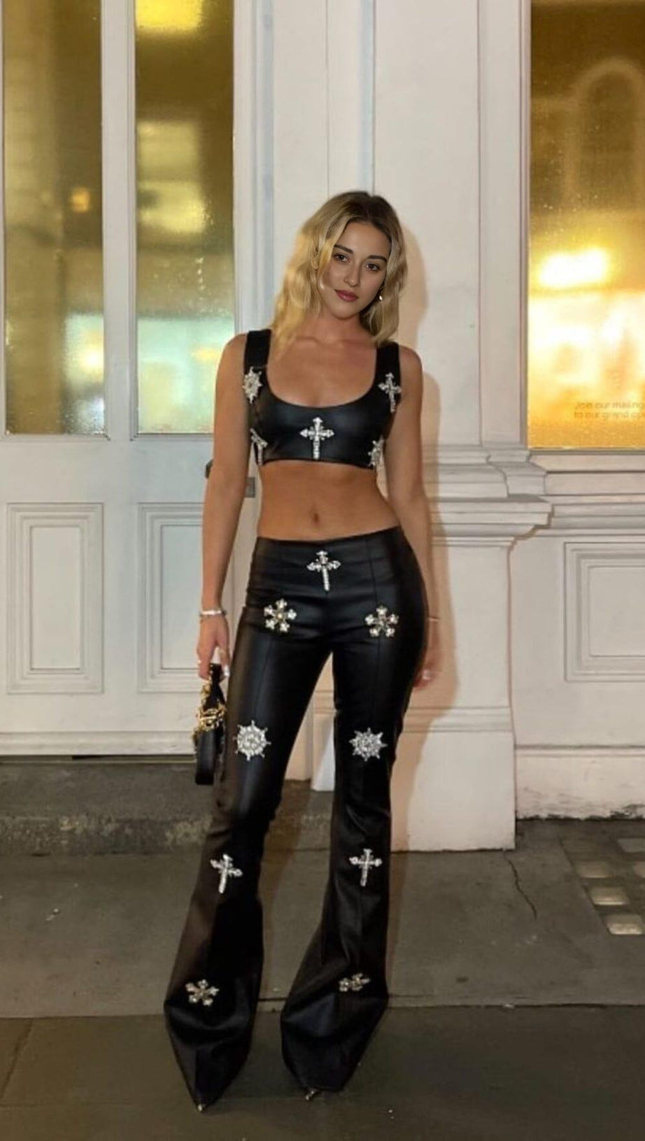 CRYSTAL EMBELLISHMENTS LEATHER TWO PIECE SUIT IN BLACK