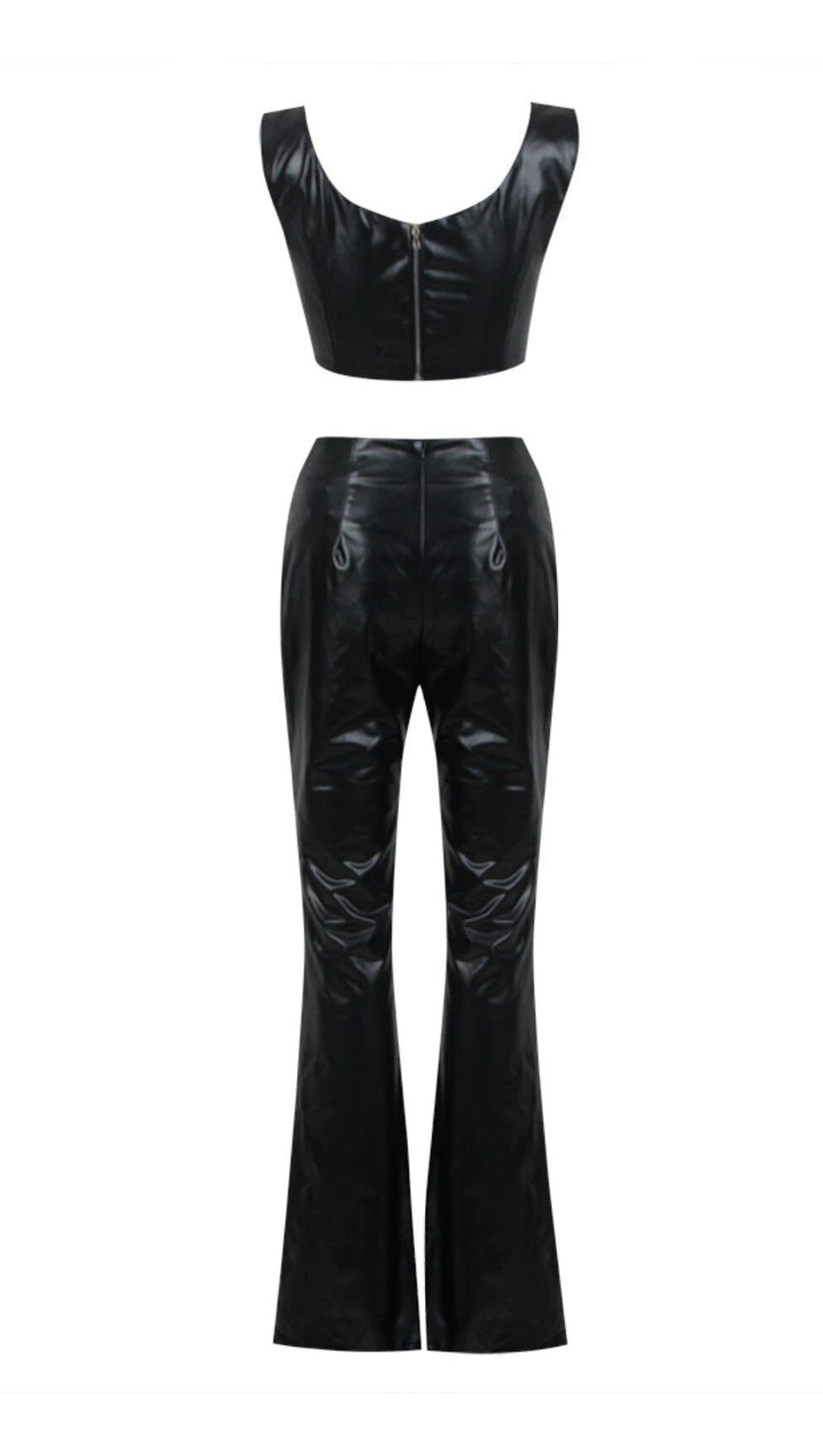 CRYSTAL EMBELLISHMENTS LEATHER TWO PIECE SUIT IN BLACK