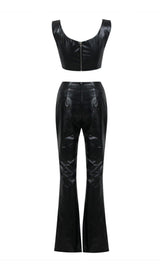 CRYSTAL EMBELLISHMENTS LEATHER TWO PIECE SUIT IN BLACK