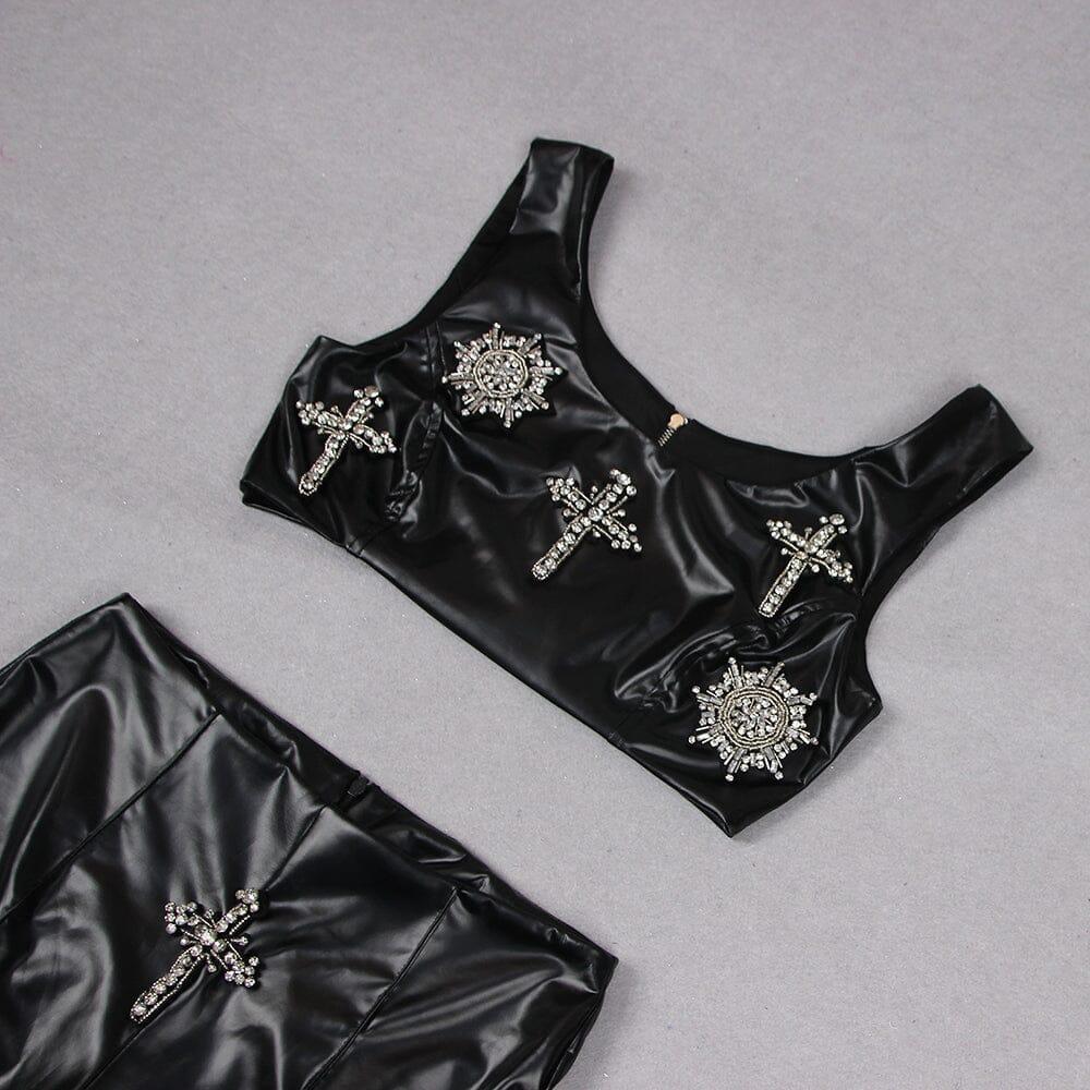 AIIZIE CRYSTAL EMBELLISHMENTS LEATHER TWO PIECE SUIT IN BLACK - product image