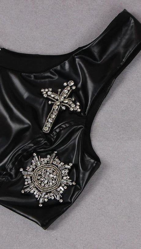 CRYSTAL EMBELLISHMENTS LEATHER TWO PIECE SUIT IN BLACK